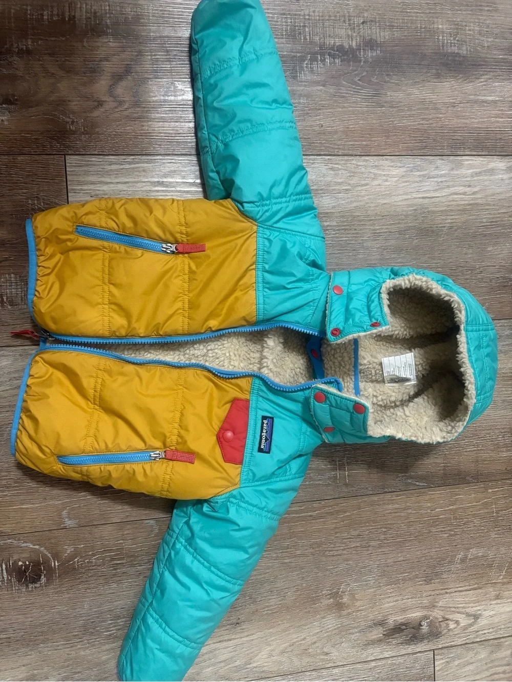Patagonia Reversible Kids Jacket in Teal, Mustard & Cream Tribbles 3T